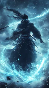 Spectral samurai commands swirling blue elemental energy