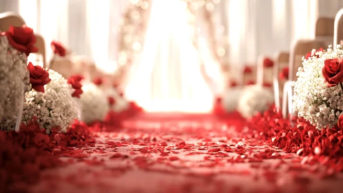 Romantic rose petal aisle glowing with soft wedding light.