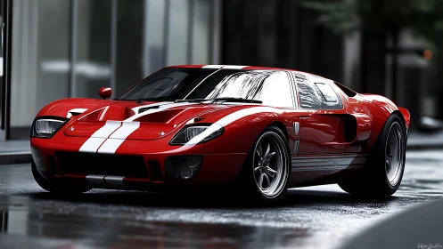 Red racing coupe with white stripes on wet urban street.
