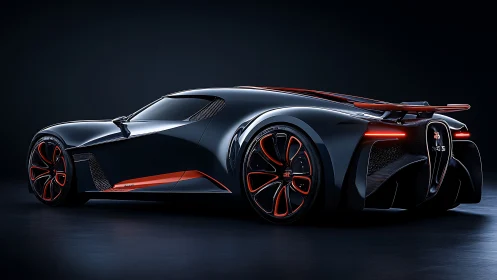 Midnight hypercar streaked in molten neon red accents roars.