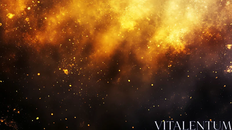 Golden particulate cloud drifts over dark abstract background