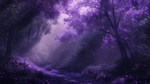 Ethereal Forest Path: Purple-Toned Digital Landscape with Luminous Canopy.