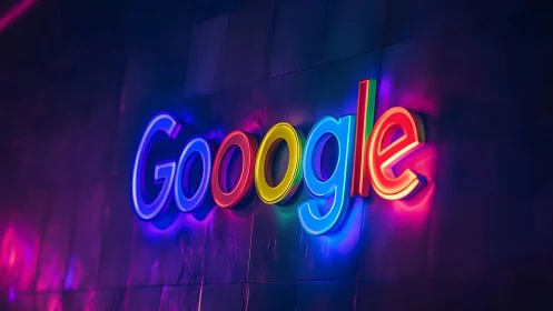 Neon Google wordmark glows against dark, chromatic wall surface