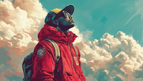 Digital portrait of traveler gazing skyward in vivid clouds.