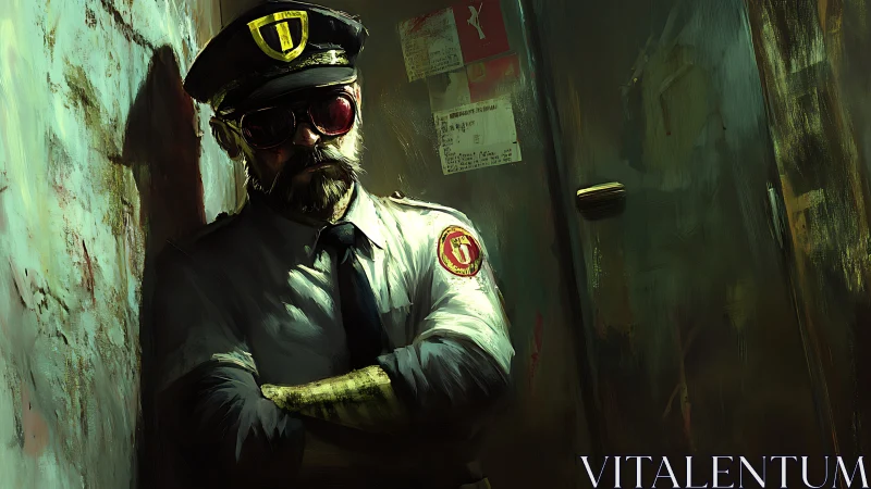 Grizzled security guard in dim corridor with badge and cap