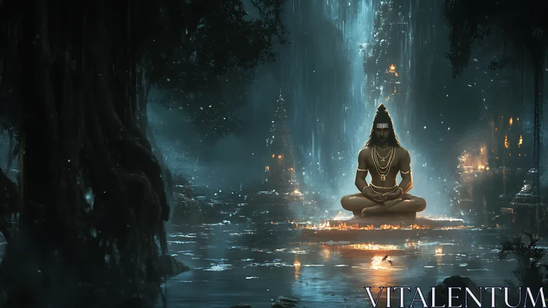 Meditating ascetic in mystical flooded temple at night.