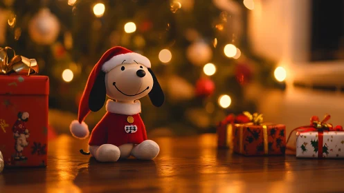 Festive dog plush in warm bokeh lit Christmas setting.