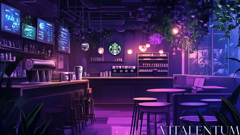 Starbucks interior with neon lighting and counter seating.