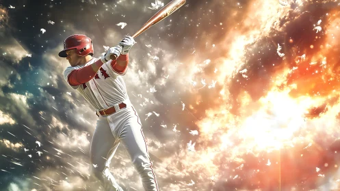 Baseball batter in stylized sky with dynamic light field.