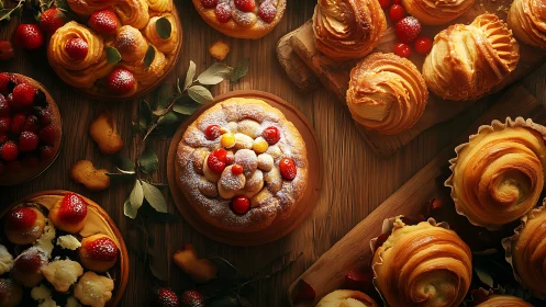 Golden pastries glow under warm light on rustic wooden boards