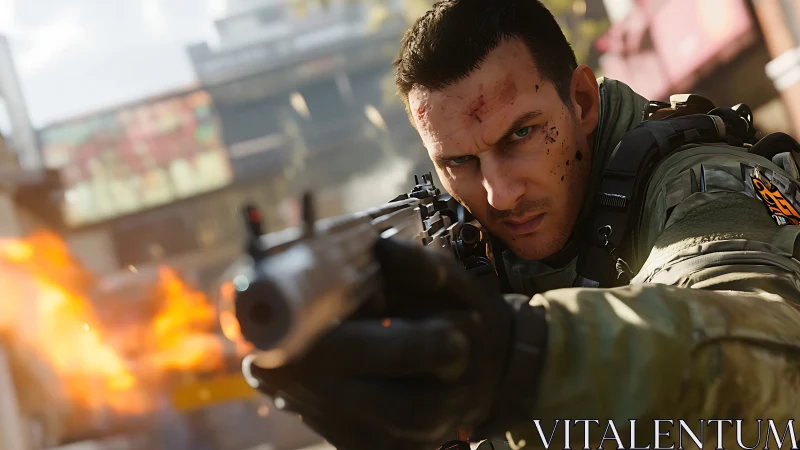 Soldier aims assault rifle amid urban firefight explosion