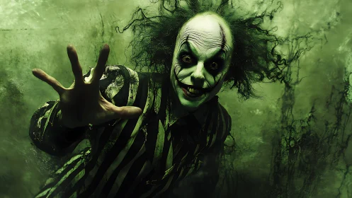 Sinister striped ghoul lunging through eerie green haze.