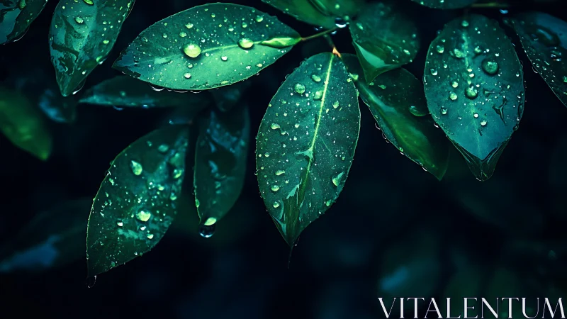 Macro foliage study with rain-soaked emerald leaves at dusk.