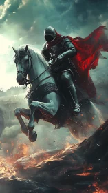 Dark armored knight rides through fire beneath storm clouds.