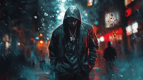 Hooded urban figure in neon-saturated rainfield abstraction.