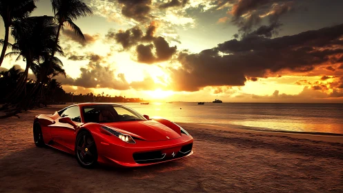 Red supercar on tropical beach under dramatic sunset sky.