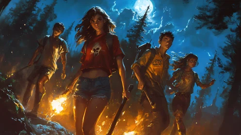 Teen group trekking through burning forest at night.