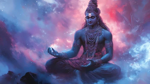 Blue-skinned seated figure meditates in a nebulous space