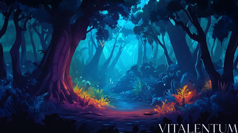 Luminous forest pathway through bioluminescent woodland depths.