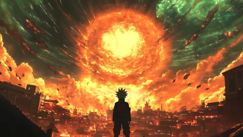 Silhouetted figure observes large fiery vortex above city