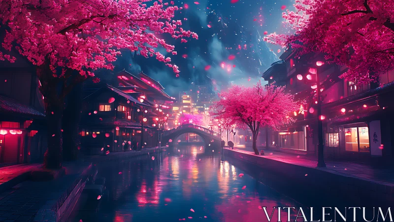 Neon-illuminated canal under cyber-cherry blossom bloom at night.