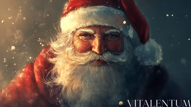 Warm close-up portrait of Santa Claus in snowy glow.