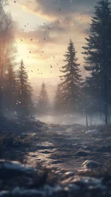 Enchanted Forest Dawn: Misty Pine Woods at Golden Hour.