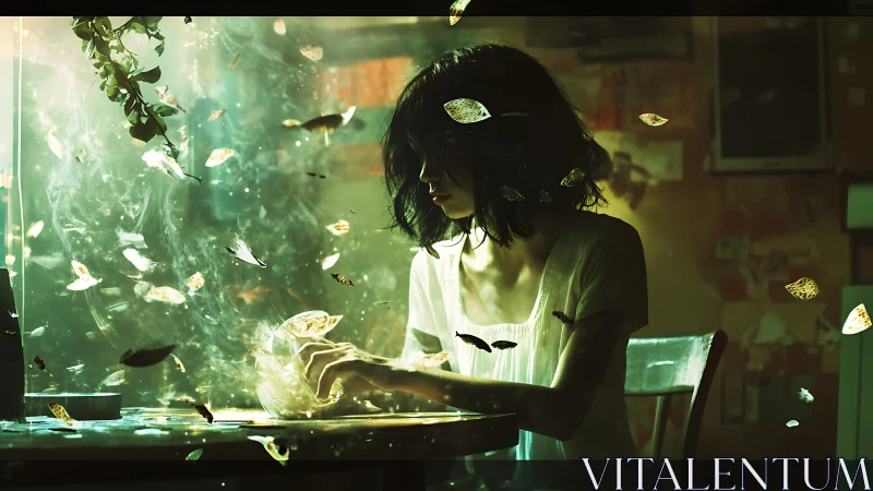 Solitary woman manipulates luminous leaves in ethereal interior