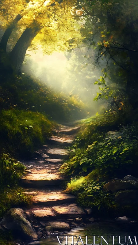 Enchanted Forest Path Bathed in Golden Light.