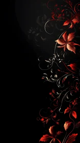 Ornamental Red Flowers with Baroque Scrollwork on Black.