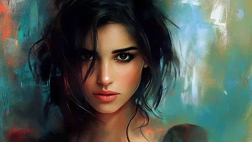 Intense female portrait against teal and ember abstract field.