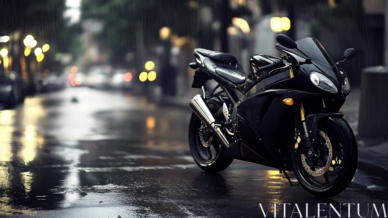 Sleek black motorcycle resting on a glowing rainy street.