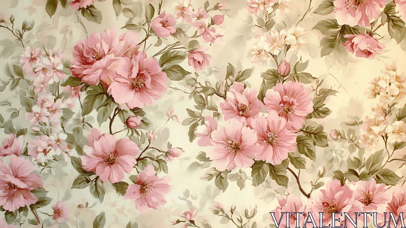 Soft pink floral wallpaper with layered vintage blossoms.