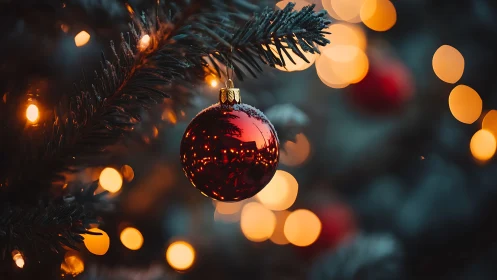 Red ornament on evergreen branch with defocused lights background.