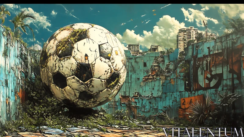 Colossal decayed football dominates post-urban courtyard scene.