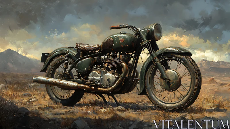Weathered classic motorcycle in sparse open landscape.