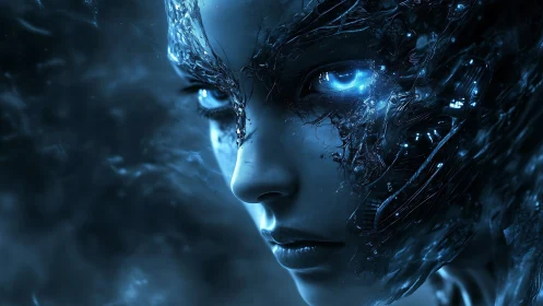 Gentle cyborg gaze glowing with cool electric blue light.
