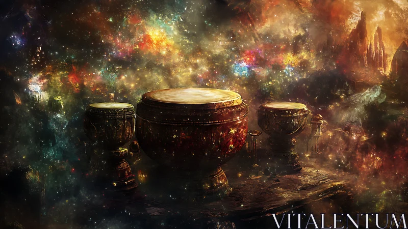 Three ornate drums sit within a luminous cosmic landscape