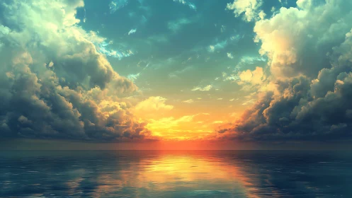 Dramatic ocean horizon under vivid sunset and clouds.