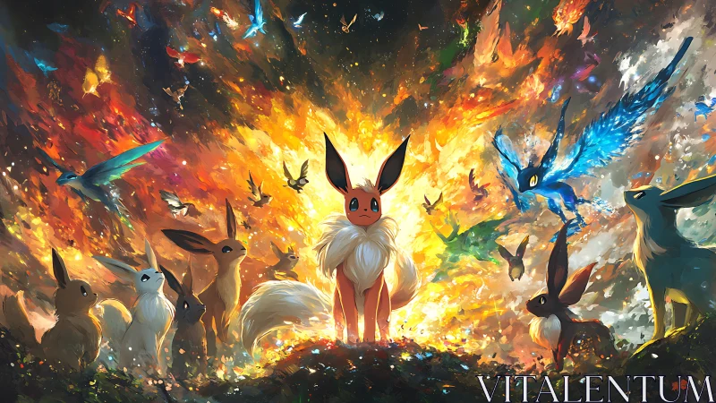 Eevee evolutions stand united amid swirling elemental light.