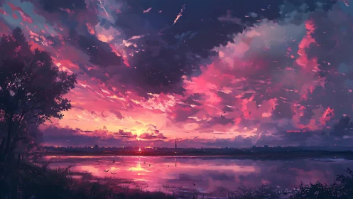 Digital sunset landscape over water with pink cloud cover.