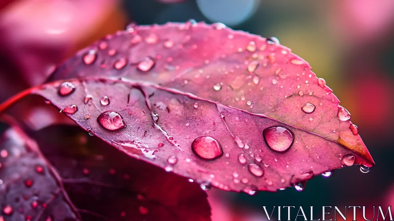 Raindrops resting on vivid pink leaves after a soft shower.