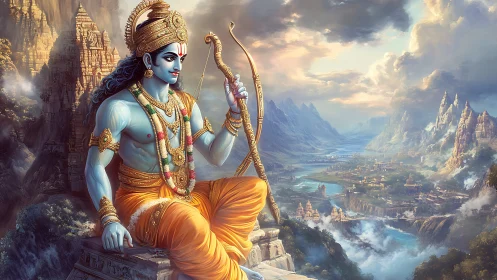Divine archer seated above mythic river kingdom in luminous digital painting