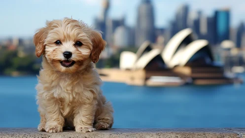 Small fluffy dog sits in front of harbor city skyline