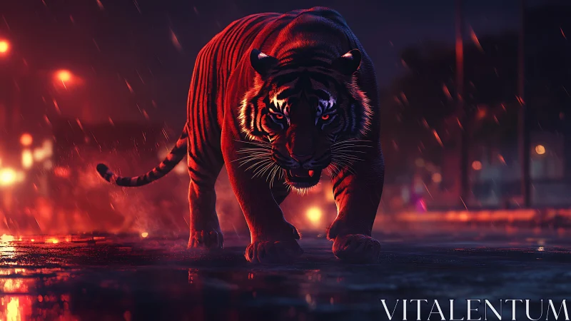 Cyber-noir tiger advances through neon rain-slicked streets