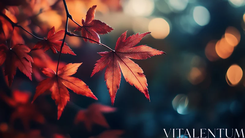 Scarlet maple leaves linger in a bokeh-soaked autumn twilight