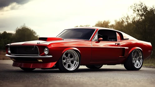 Red classic muscle car parked on open rural roadway.