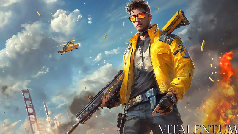 Armed urban hero strides through explosive battlefield skies