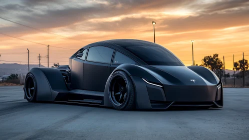 Low-slung matte EV hot-rod hybrid with aerodynamic bodywork.