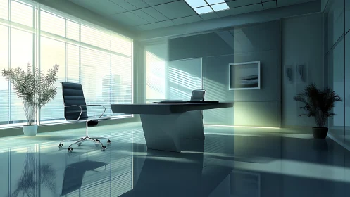Sunlit glass office sanctuary with sleek chrome solitude.